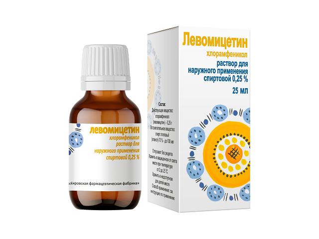 левомицетин 0,25% 25мл. спирт. р-р /кировская/